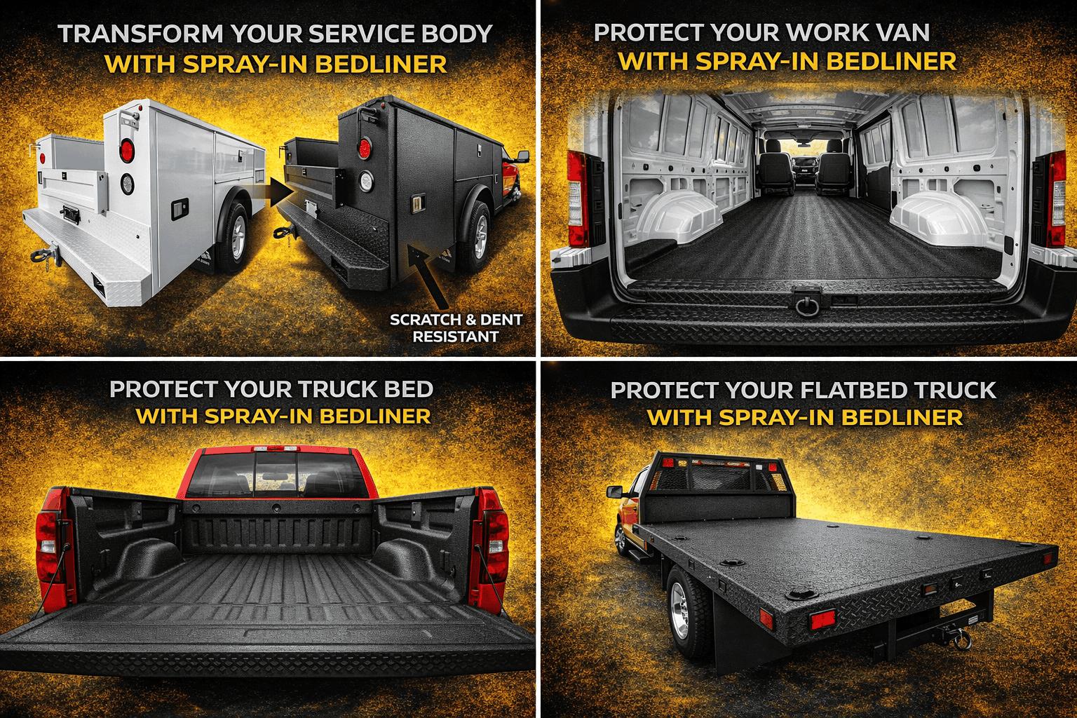 Spray-on bedliner applications — service body, work van, truck bed, and flatbed